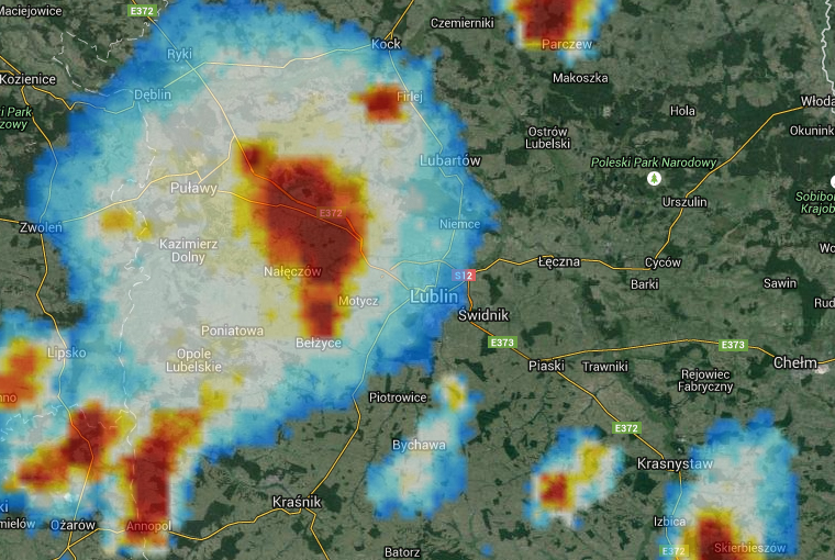 Dane z radaru misi.ayz.pl/pogodynka dla naszego regionu