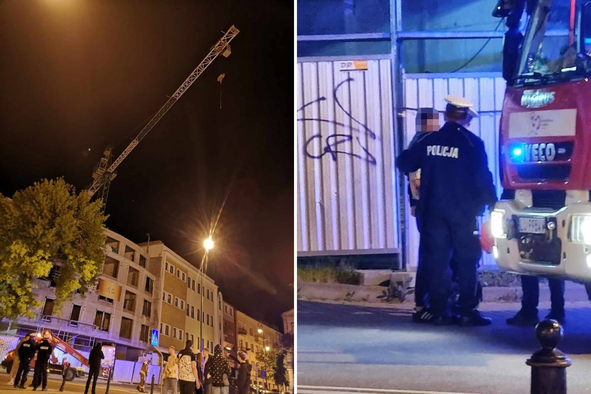 Pijany wszedł na dźwig na placu budowy w centrum Lublina i uruchomił żurawia. Uszkodził latarnię, próbował uciec